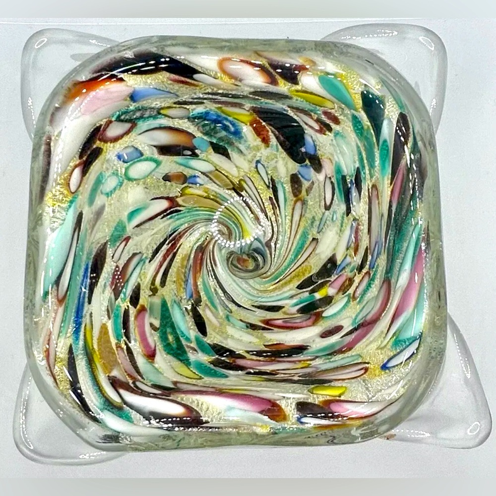 Vintage Murano Art Glass Multicolor w/Silver Cased Square Dish One Of A Kind